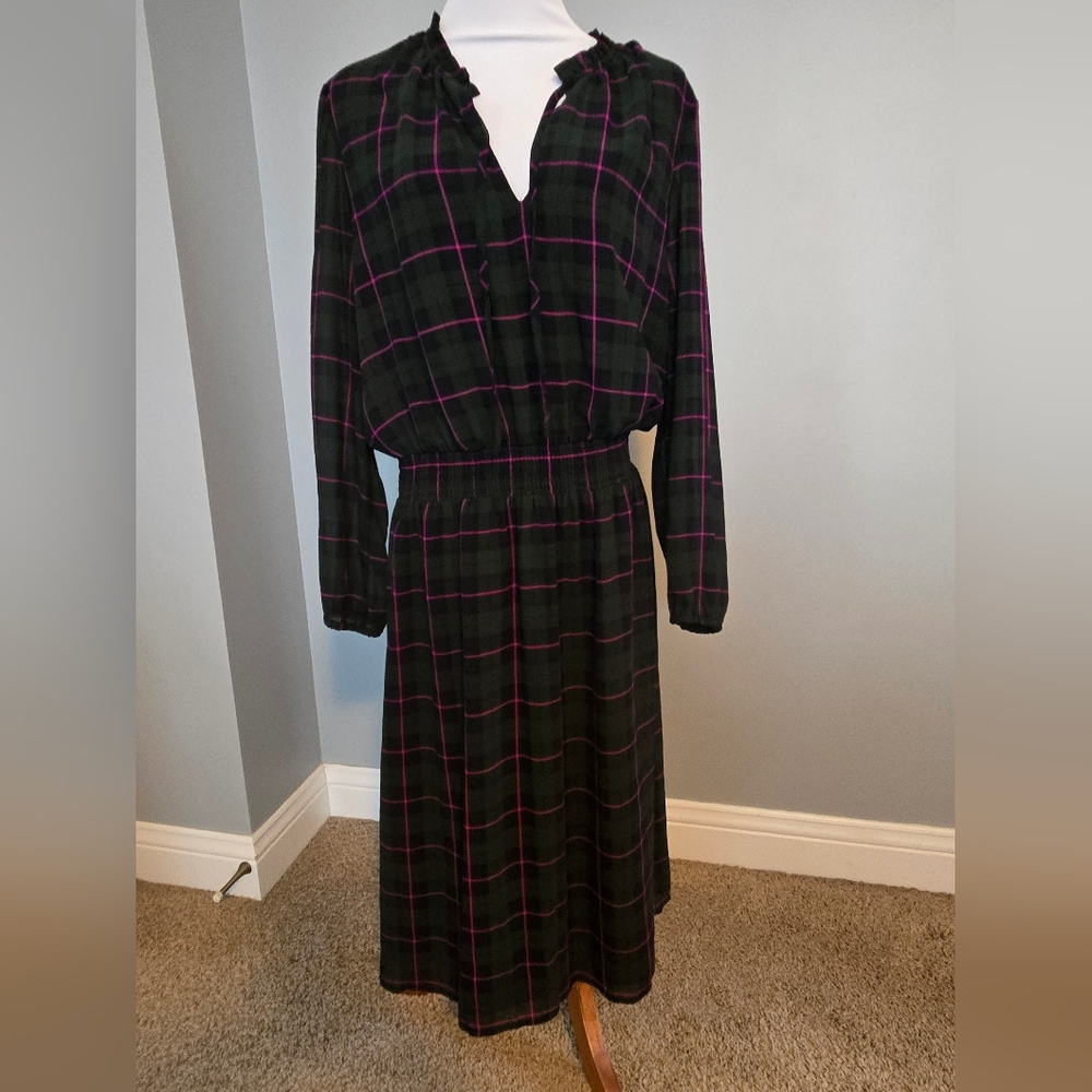 J. Crew Black and Purple Plaid Long Sleeve Dress